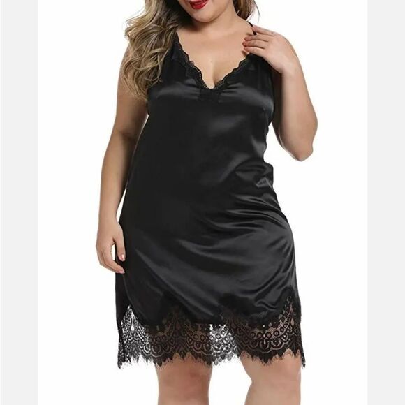Women Plus Size Satin Chemise Babydoll Lace Trim Lingerie Full Slips Nightgown - Picture 1 of 5